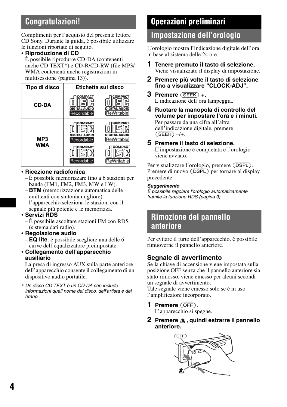 Congratulazioni, Operazioni preliminari, Impostazione dell’orologio | Rimozione del pannello anteriore, Operazioni preliminari impostazione dell’orologio | Sony CDX-GT215C User Manual | Page 56 / 88
