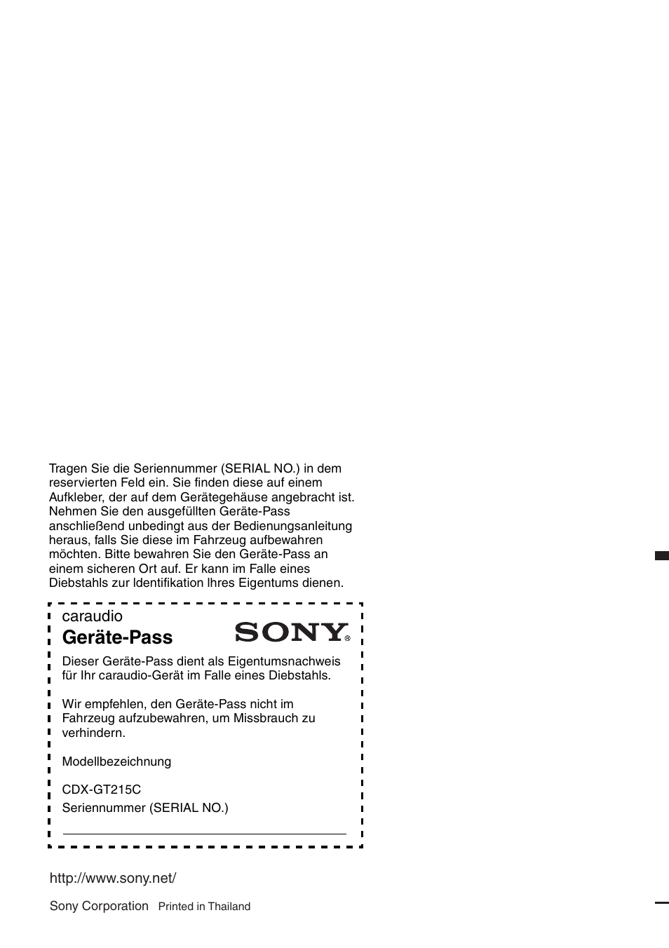 Geräte-pass, Caraudio | Sony CDX-GT215C User Manual | Page 88 / 88