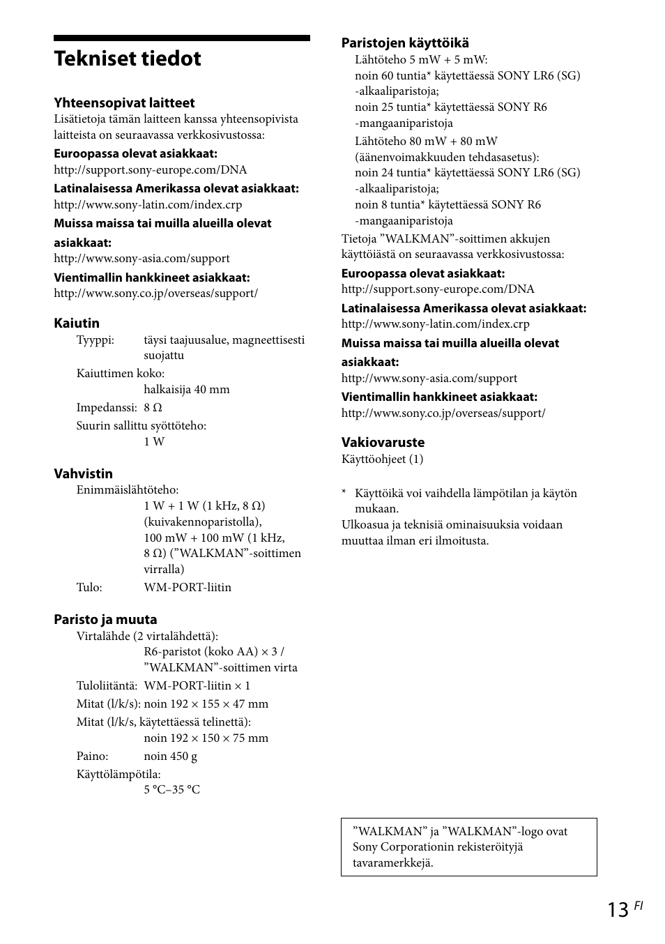 Tekniset tiedot | Sony RDP-NWR100 User Manual | Page 121 / 156