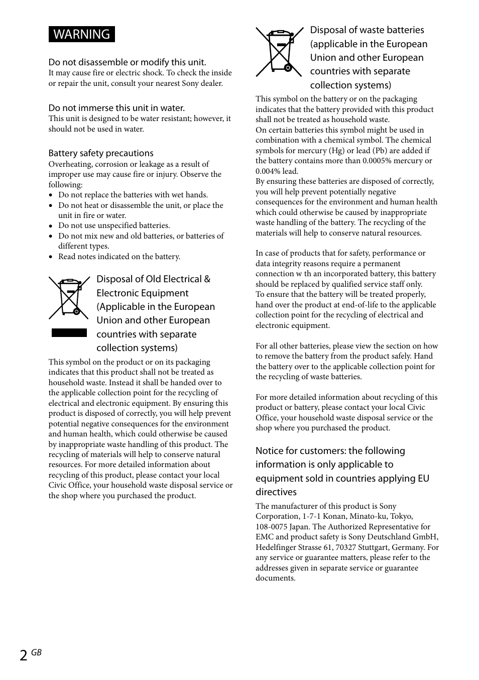 Warning | Sony RDP-NWR100 User Manual | Page 2 / 156