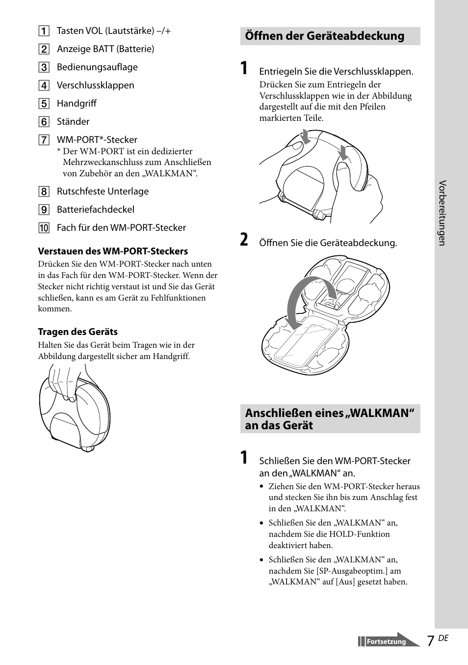 Öffnen der geräteabdeckung, Anschließen eines „walkman“ an das gerät | Sony RDP-NWR100 User Manual | Page 31 / 156