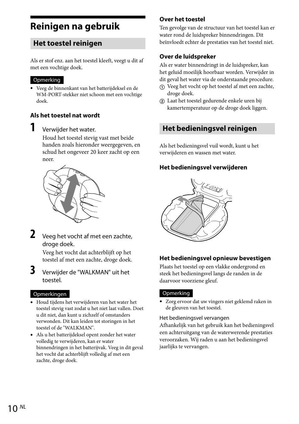 Reinigen na gebruik, Het toestel reinigen, Het bedieningsvel reinigen | Sony RDP-NWR100 User Manual | Page 58 / 156