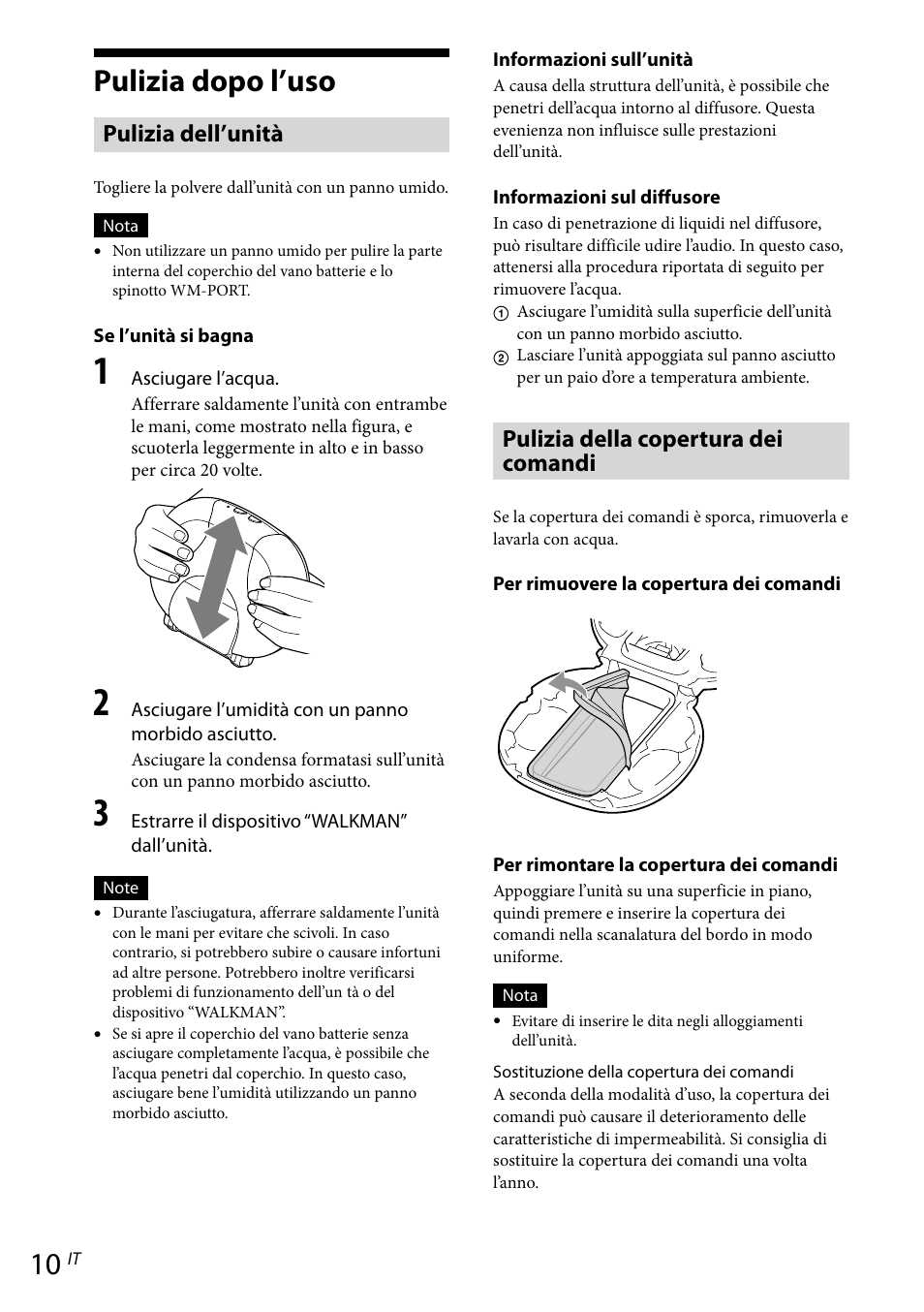 Pulizia dopo l’uso, Pulizia dell’unità, Pulizia della copertura dei comandi | Sony RDP-NWR100 User Manual | Page 70 / 156