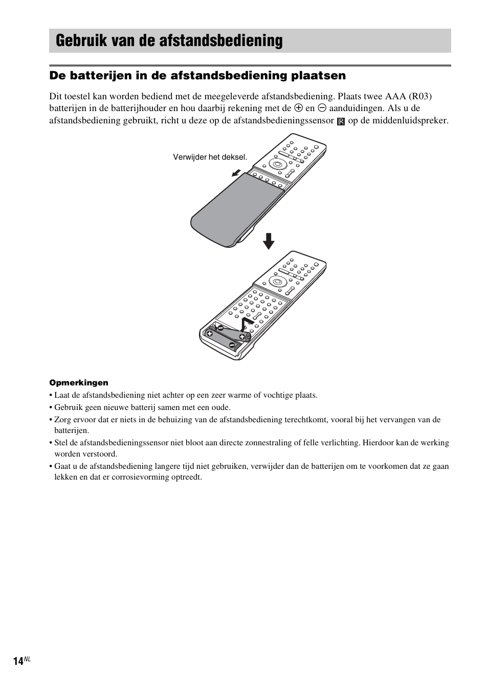 Gebruik van de afstandsbediening, De batterijen in de afstandsbediening plaatsen | Sony DAV-LF1 User Manual | Page 14 / 488