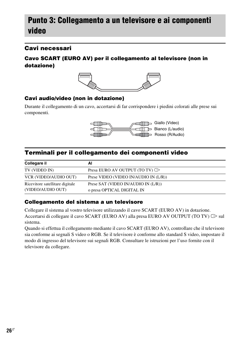 Punto 3: collegamento a un televisore e ai, Componenti video, Cavi necessari | Terminali per il collegamento dei componenti video | Sony DAV-LF1 User Manual | Page 146 / 488