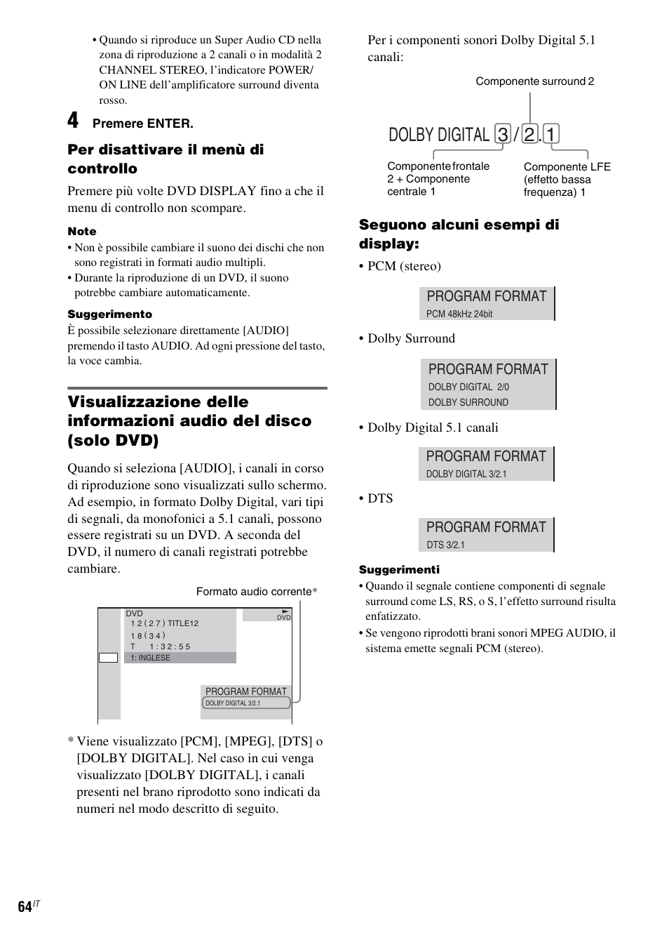 Dolby digital 3 / 2, Program format | Sony DAV-LF1 User Manual | Page 184 / 488
