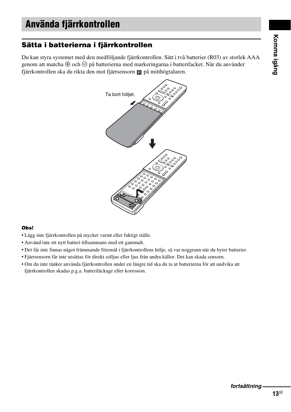 Använda fjärrkontrollen, Sätta i batterierna i fjärrkontrollen | Sony DAV-LF1 User Manual | Page 253 / 488