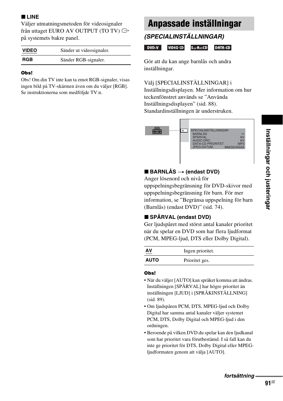 Anpassade inställningar, Specialinställningar) | Sony DAV-LF1 User Manual | Page 331 / 488