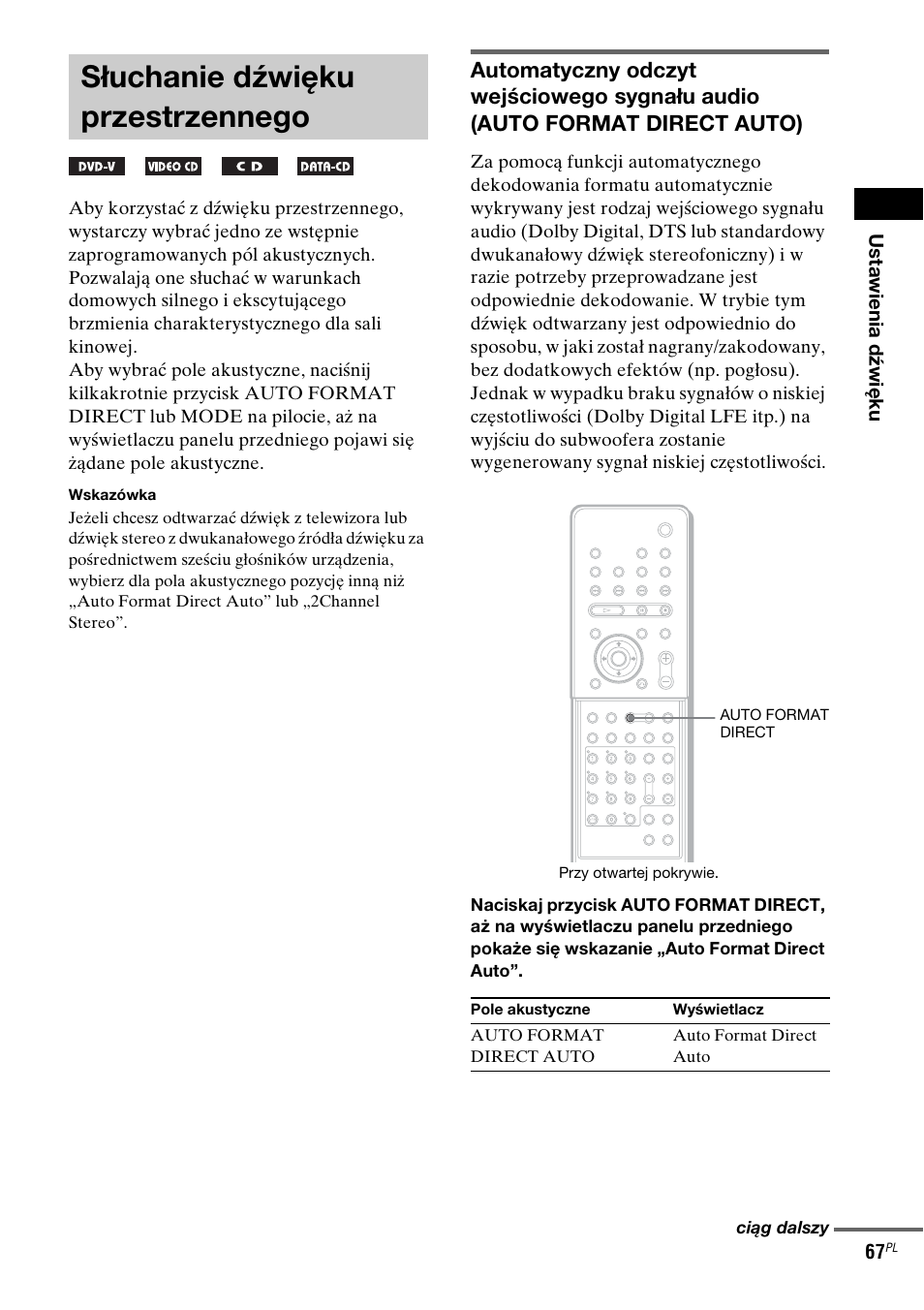 Słuchanie dźwięku przestrzennego, Słuchanie dźwięku, Przestrzennego | Sony DAV-LF1 User Manual | Page 425 / 488