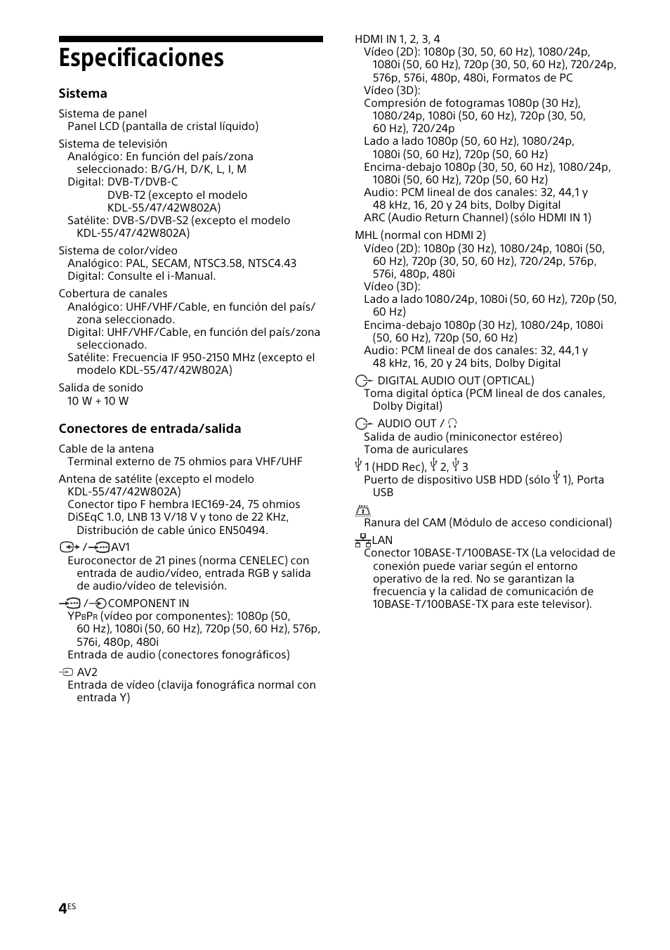 Especificaciones | Sony KDL-42W805A User Manual | Page 12 / 92