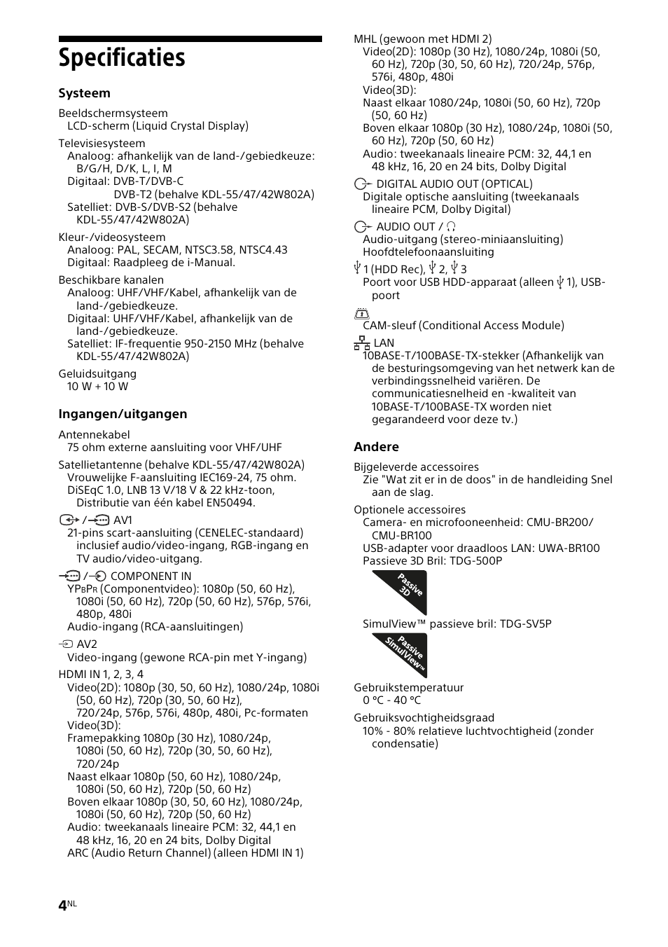 Specificaties | Sony KDL-42W805A User Manual | Page 16 / 92