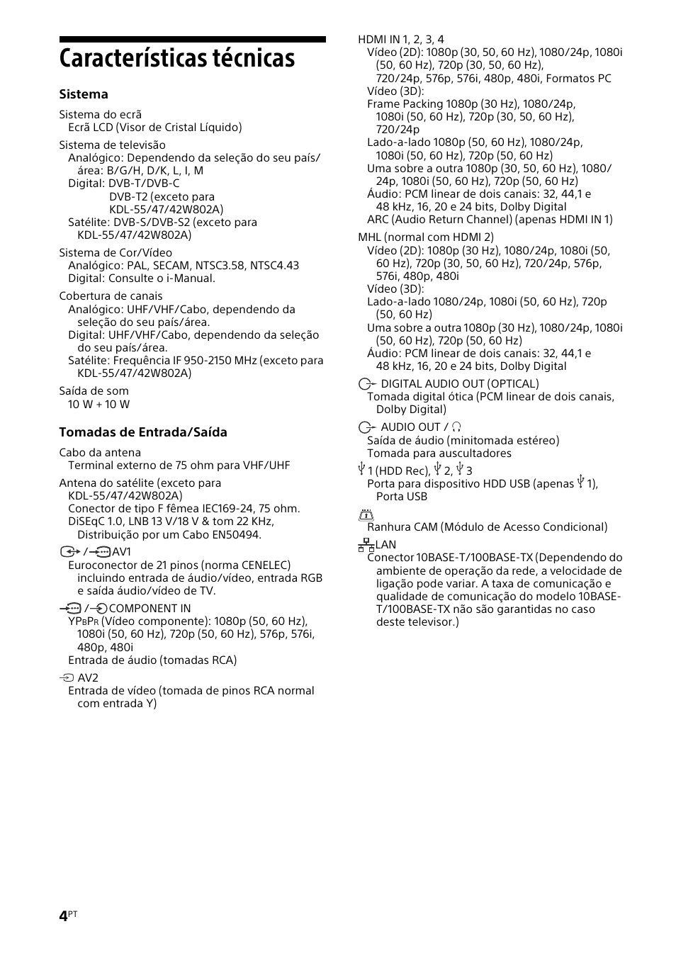 Características técnicas | Sony KDL-42W805A User Manual | Page 24 / 92