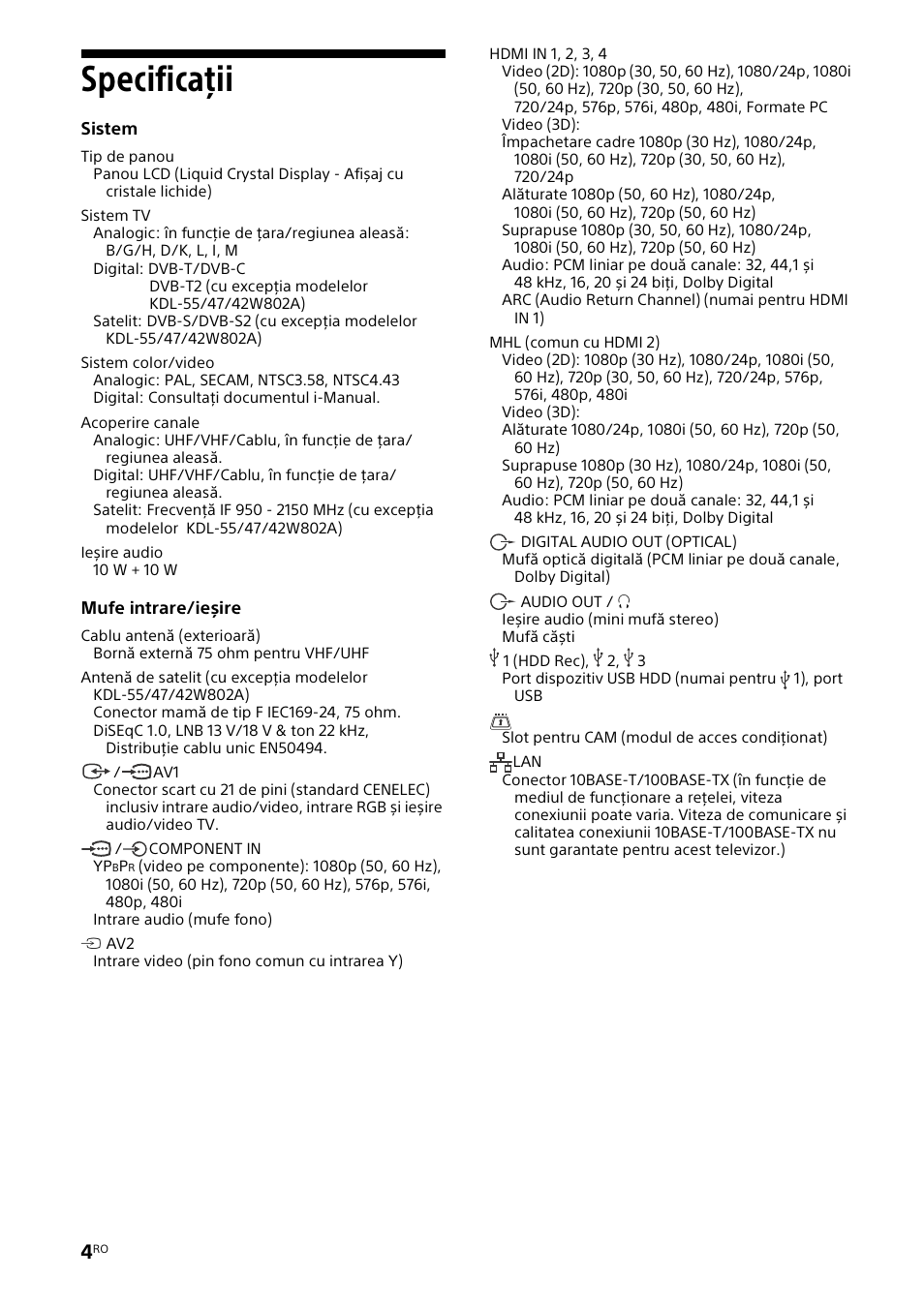 Specificaţii | Sony KDL-42W805A User Manual | Page 66 / 92