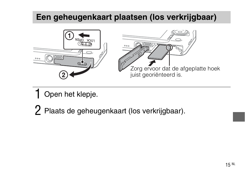 Een geheugenkaart plaatsen (los verkrijgbaar) | Sony DSC-WX220 User Manual | Page 217 / 499