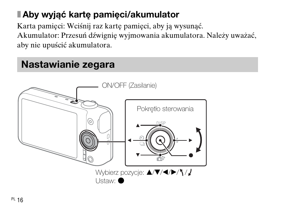 Nastawianie zegara, Xaby wyjąć kartę pamięci/akumulator | Sony DSC-WX220 User Manual | Page 250 / 499