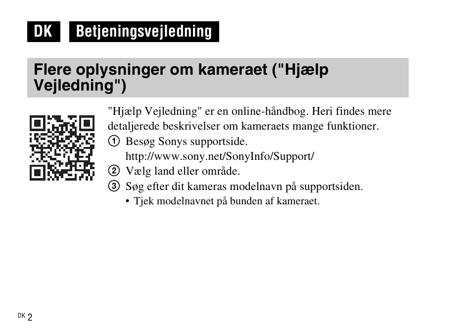 Dansk, Flere oplysninger om kameraet ("hjælp vejledning") | Sony DSC-WX220 User Manual | Page 464 / 499