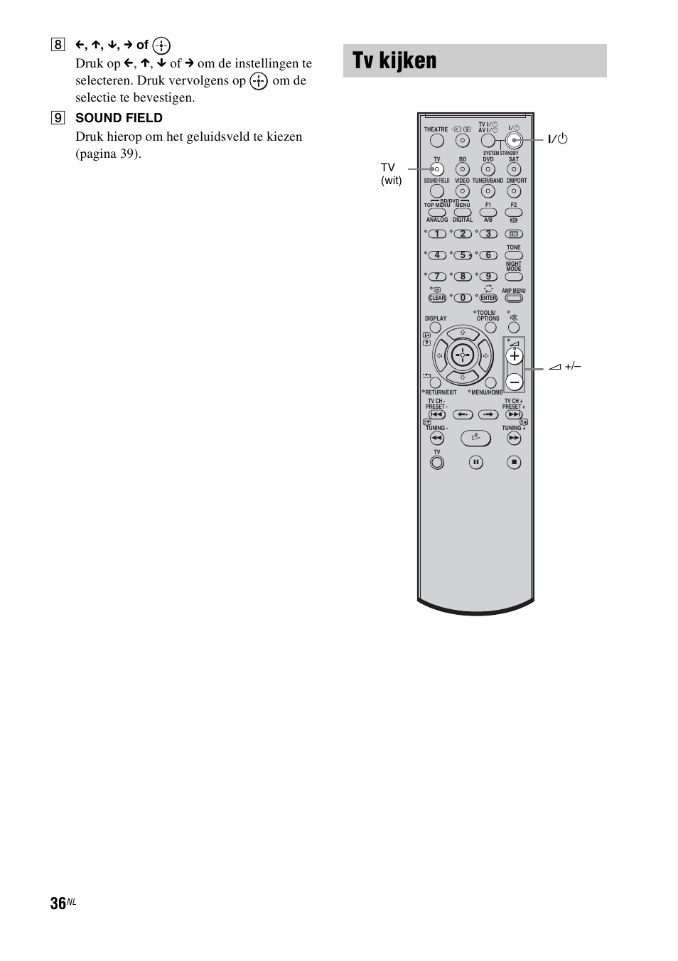 Tv kijken, H c , x , x , c of, I sound field | 1 2 +/– tv (wit) | Sony HT-IS100 User Manual | Page 122 / 256