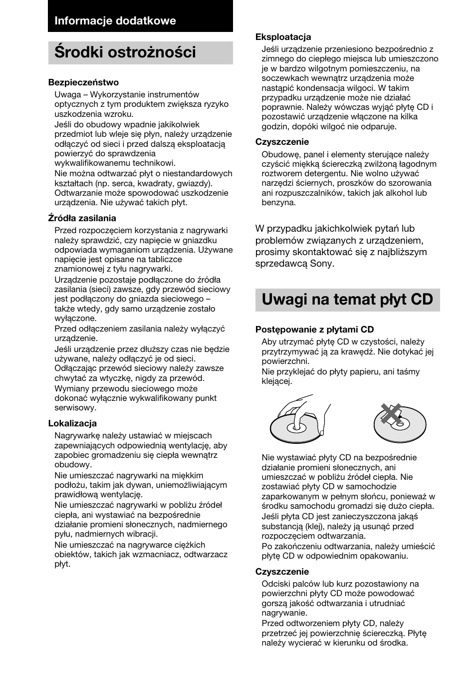 Informacje dodatkowe, Rodki ostro.no.ci, Uwagi na temat p.yt cd | Środki ostrożności, Uwagi na temat płyt cd | Sony HAR-D1000 User Manual | Page 104 / 108