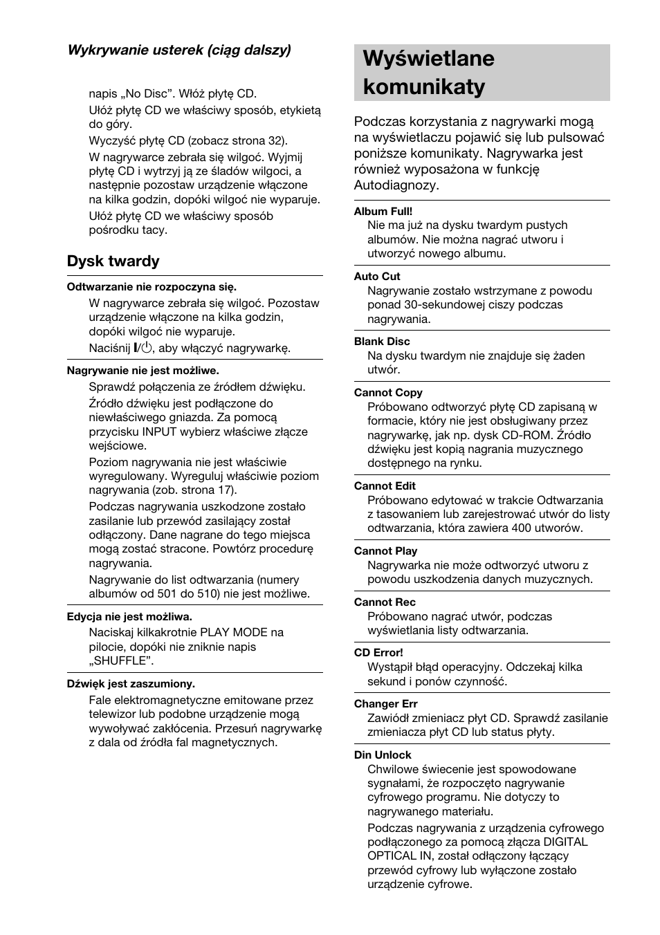 Wy.wietlane komunikaty, Wyświetlane komunikaty, Dysk twardy | Sony HAR-D1000 User Manual | Page 106 / 108