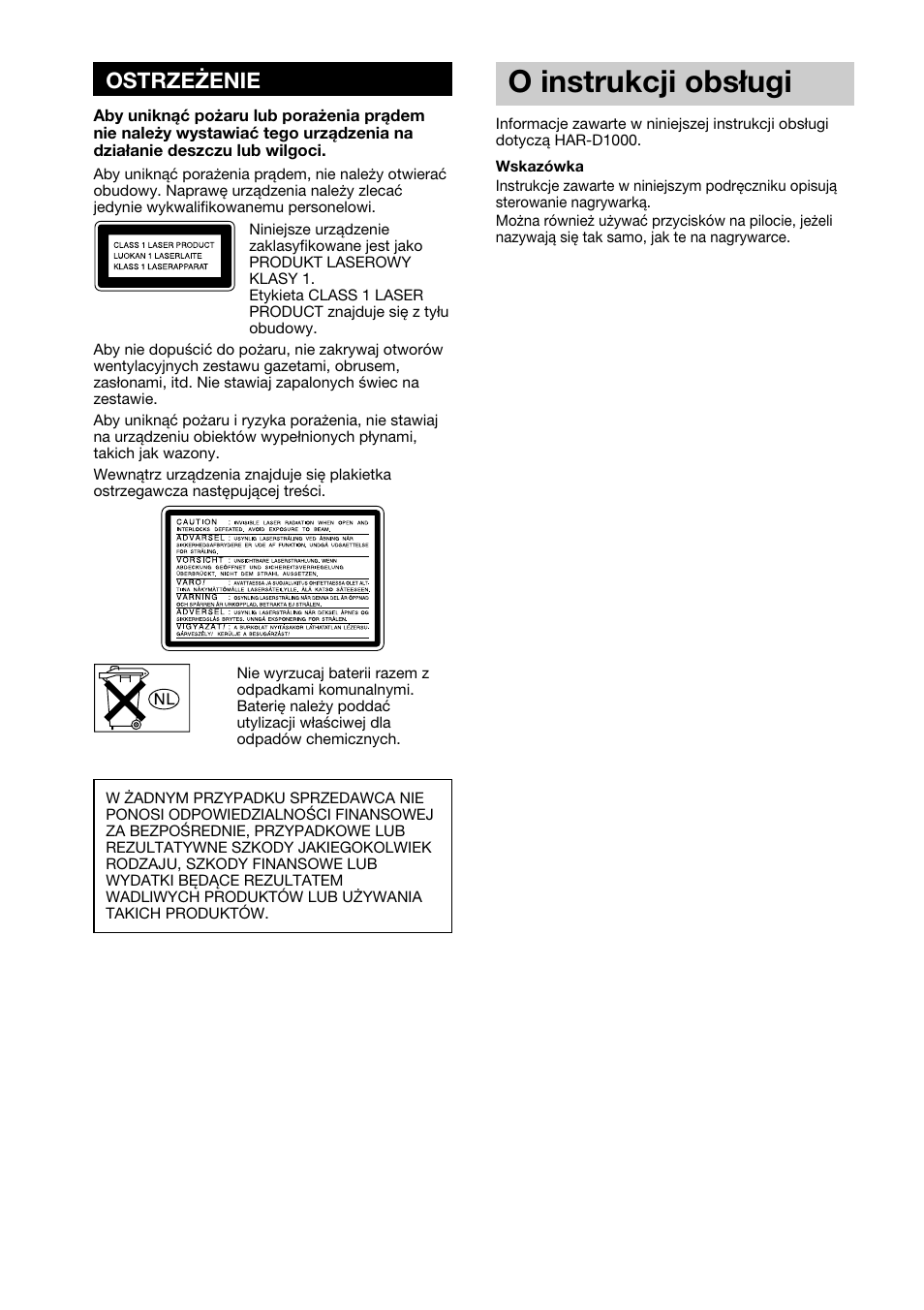 O instrukcji obsługi, Ostrzeżenie | Sony HAR-D1000 User Manual | Page 74 / 108