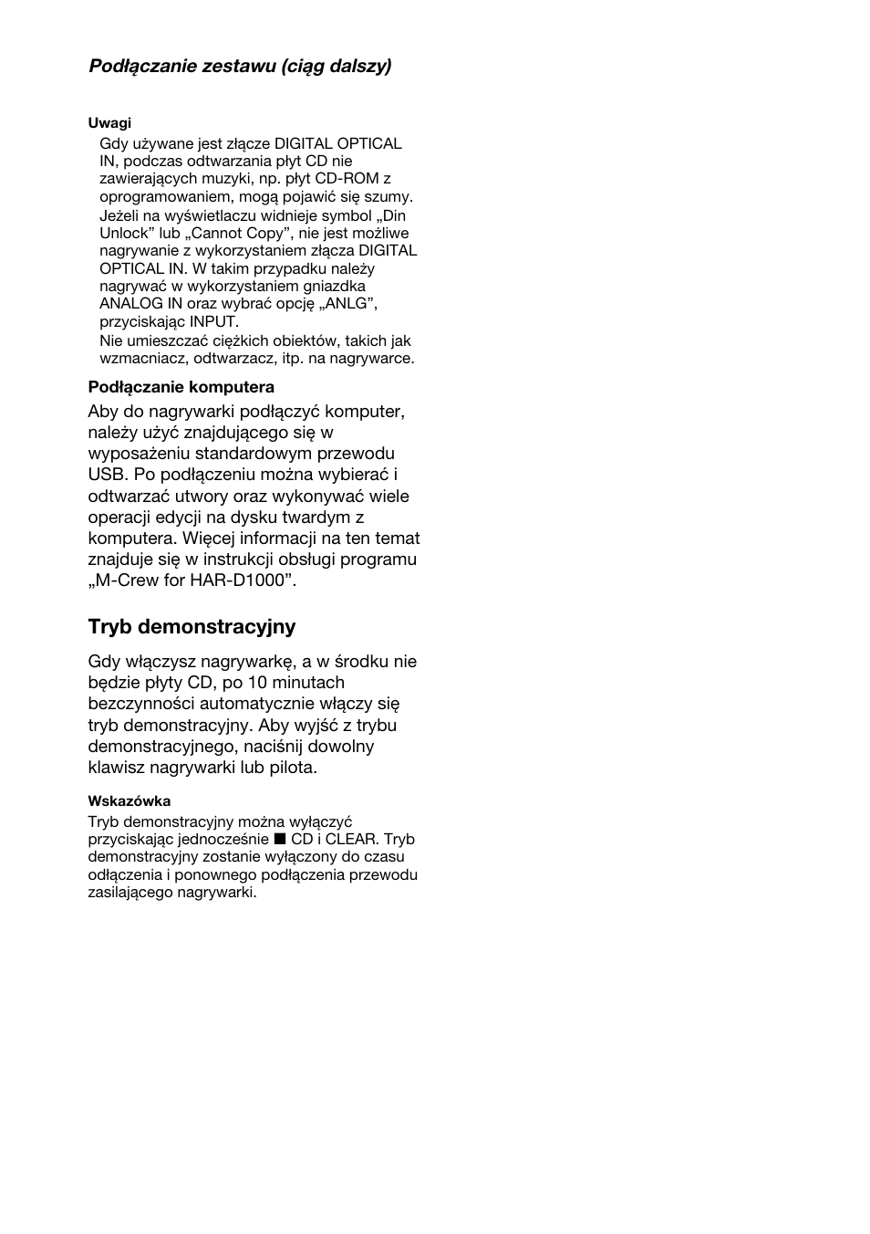 Tryb demonstracyjny | Sony HAR-D1000 User Manual | Page 80 / 108