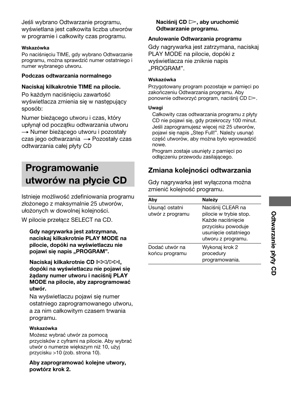 Programowanie utworów na p•ycie cd, Programowanie utworów na płycie cd | Sony HAR-D1000 User Manual | Page 83 / 108