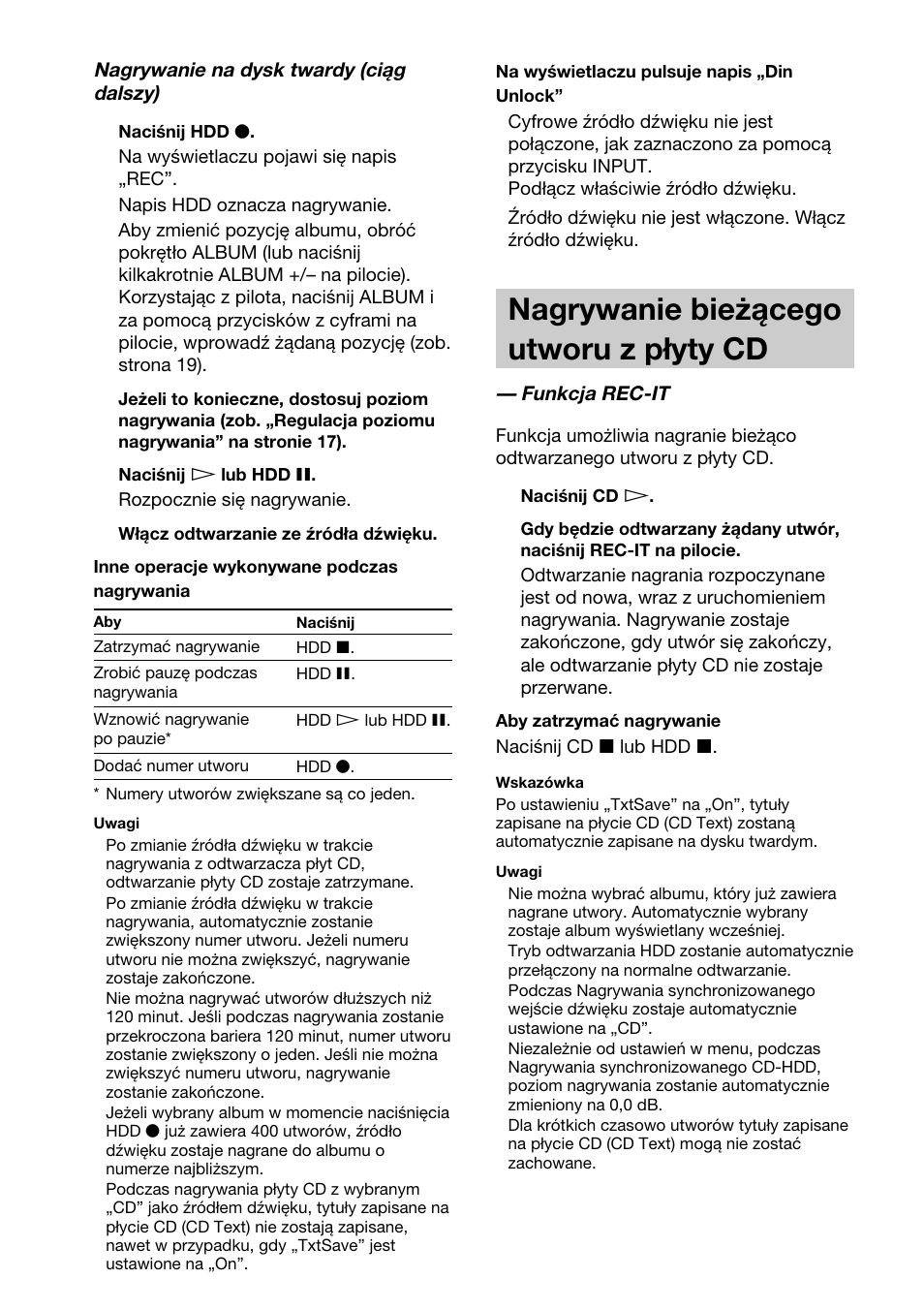 Nagrywanie bieżącego utworu z płyty cd | Sony HAR-D1000 User Manual | Page 86 / 108