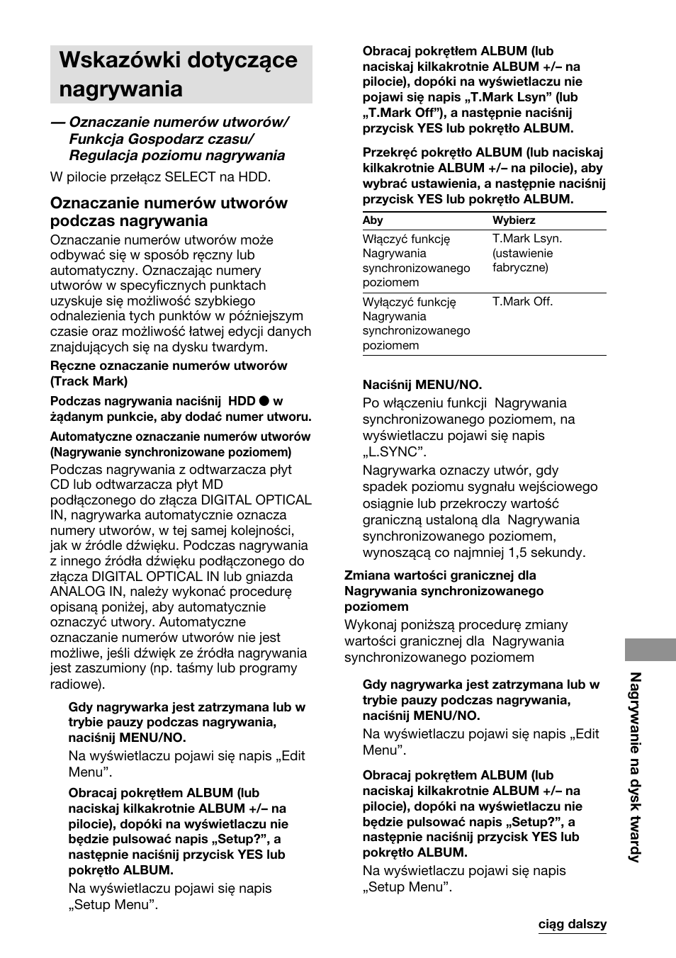 Wskazówki dotyczące nagrywania | Sony HAR-D1000 User Manual | Page 87 / 108