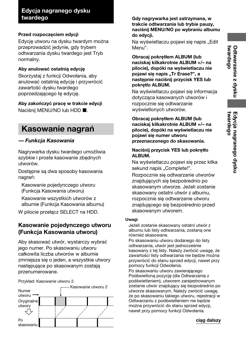 Edycja nagranego dysku twardego, Kasowanie nagrań | Sony HAR-D1000 User Manual | Page 95 / 108