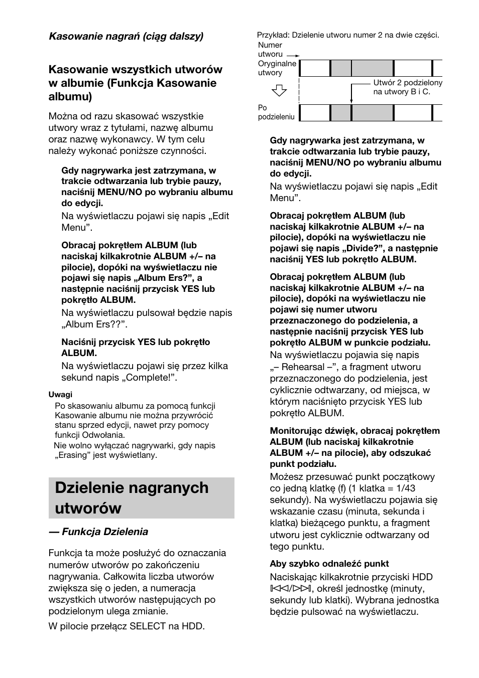 Dzielenie nagranych utworów —funkcja dzielenia, Dzielenie nagranych utworów | Sony HAR-D1000 User Manual | Page 96 / 108