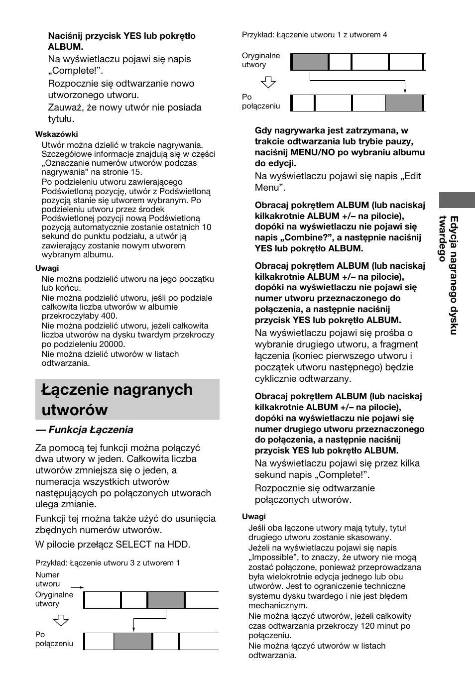 Czenie nagranych utworów —funkcja ••czenia, Łączenie nagranych utworów | Sony HAR-D1000 User Manual | Page 97 / 108