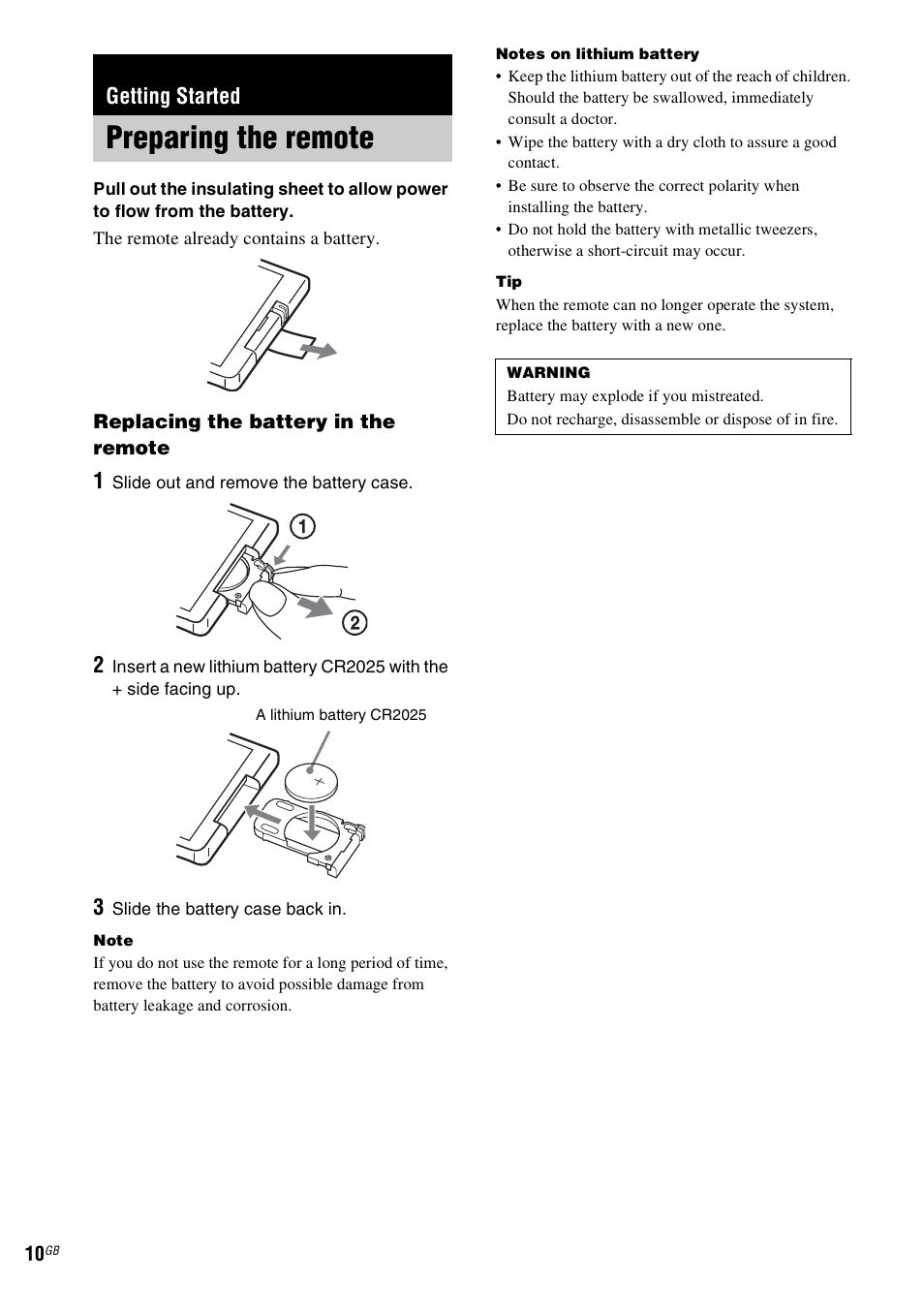 Getting started, Preparing the remote | Sony NAS-CZ1 User Manual | Page 10 / 435