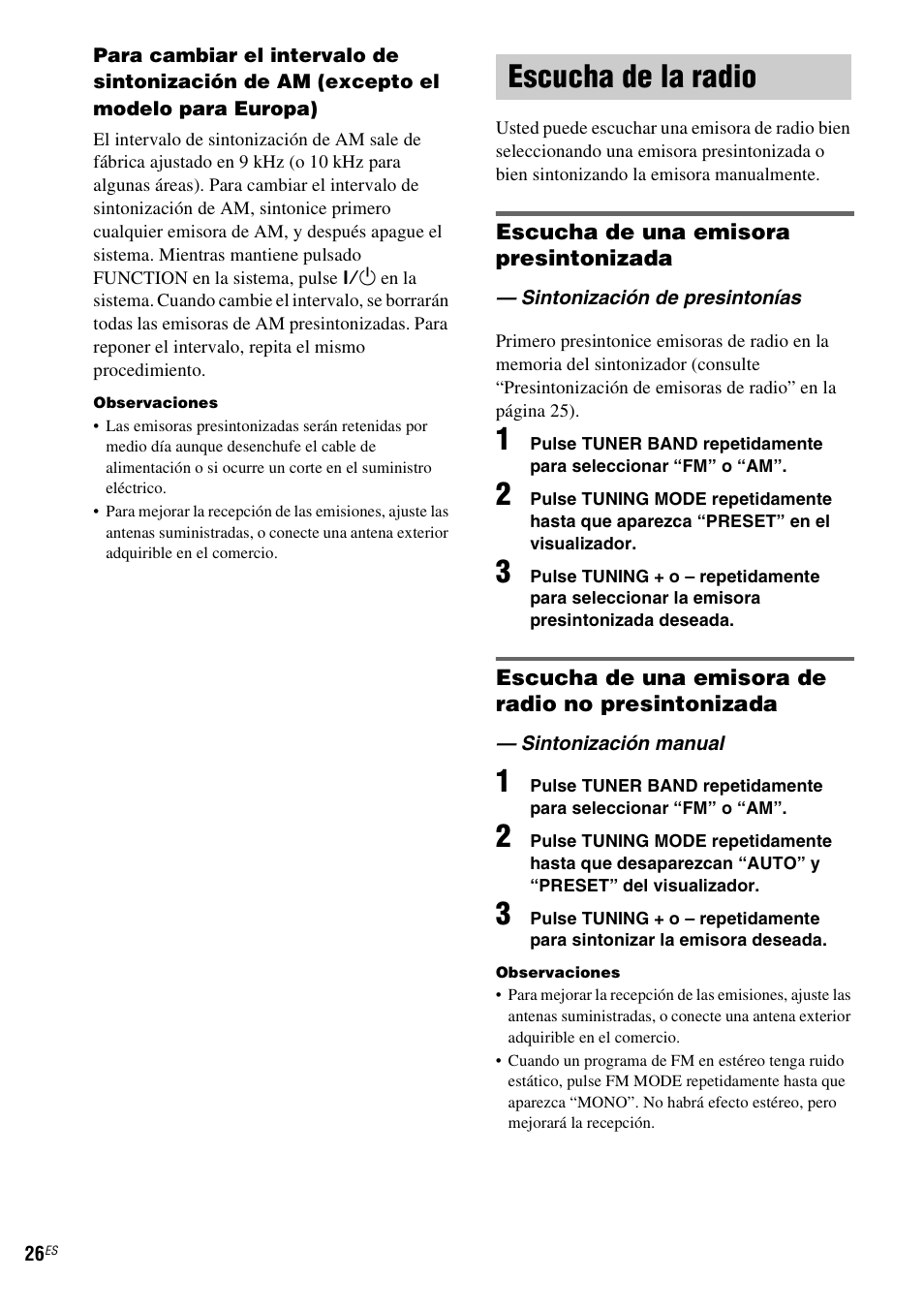 Escucha de la radio, Sintonización de presintonías, Sintonización manual | Sony NAS-CZ1 User Manual | Page 102 / 435