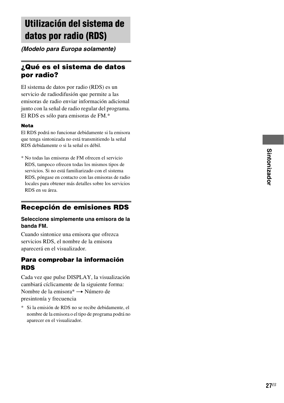 Utilización del sistema de datos por radio (rds), Modelo para europa solamente), Utilización del sistema de datos por radio | Rds) (modelo para europa solamente) | Sony NAS-CZ1 User Manual | Page 103 / 435