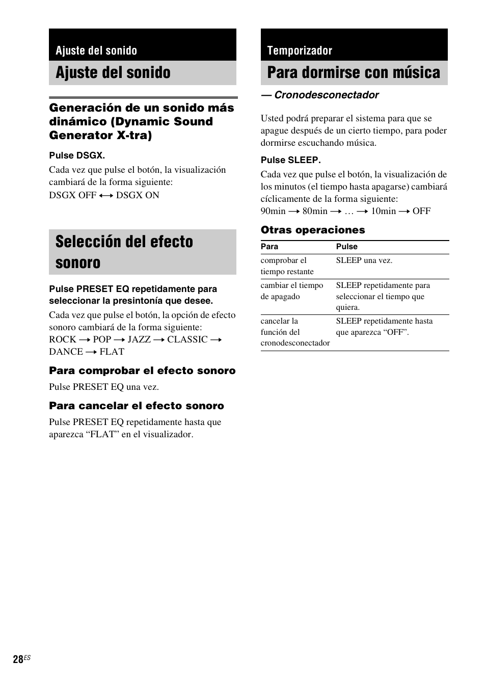 Ajuste del sonido, Selección del efecto sonoro, Temporizador | Para dormirse con música, Cronodesconectador, Ajuste del sonido selección del efecto sonoro | Sony NAS-CZ1 User Manual | Page 104 / 435