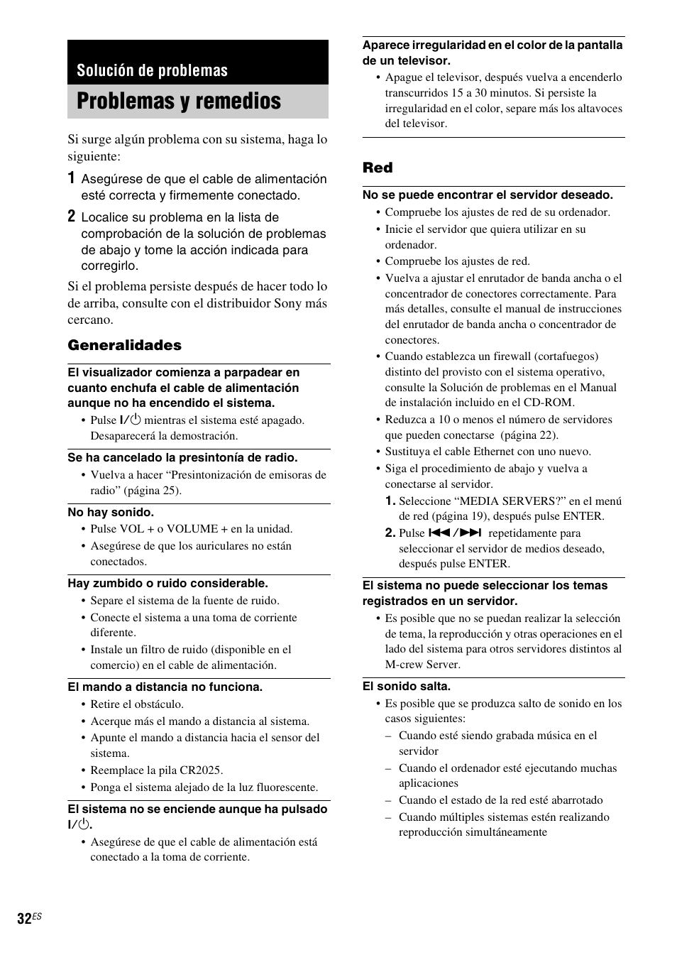 Solución de problemas, Problemas y remedios | Sony NAS-CZ1 User Manual | Page 108 / 435