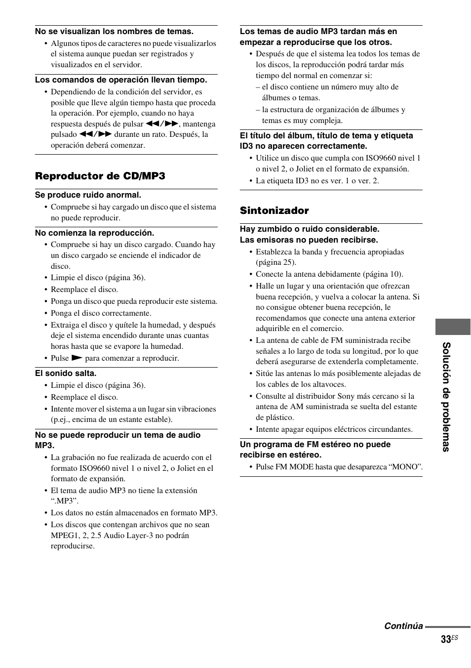 So luci ón d e pr ob lem a s 33, Reproductor de cd/mp3, Sintonizador | Sony NAS-CZ1 User Manual | Page 109 / 435
