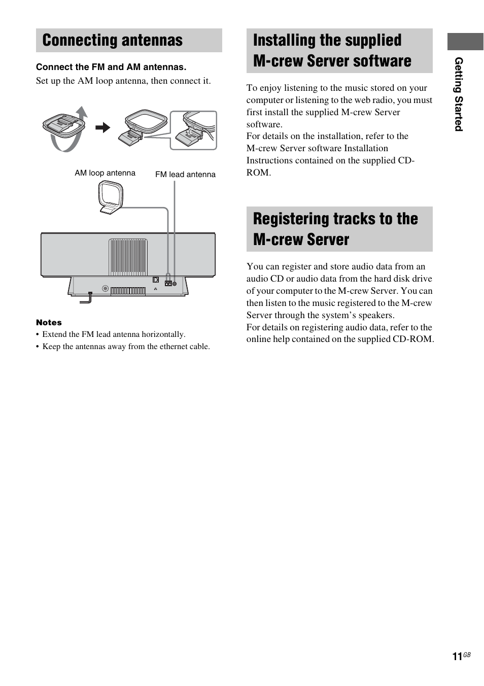 Connecting antennas, Installing the supplied m�crew server software, Registering tracks to the m�crew server | Software, Registering tracks to the m-crew, Server | Sony NAS-CZ1 User Manual | Page 11 / 435
