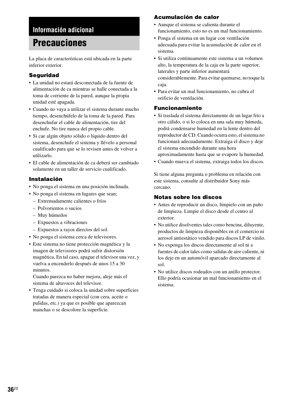 Información adicional, Precauciones | Sony NAS-CZ1 User Manual | Page 112 / 435