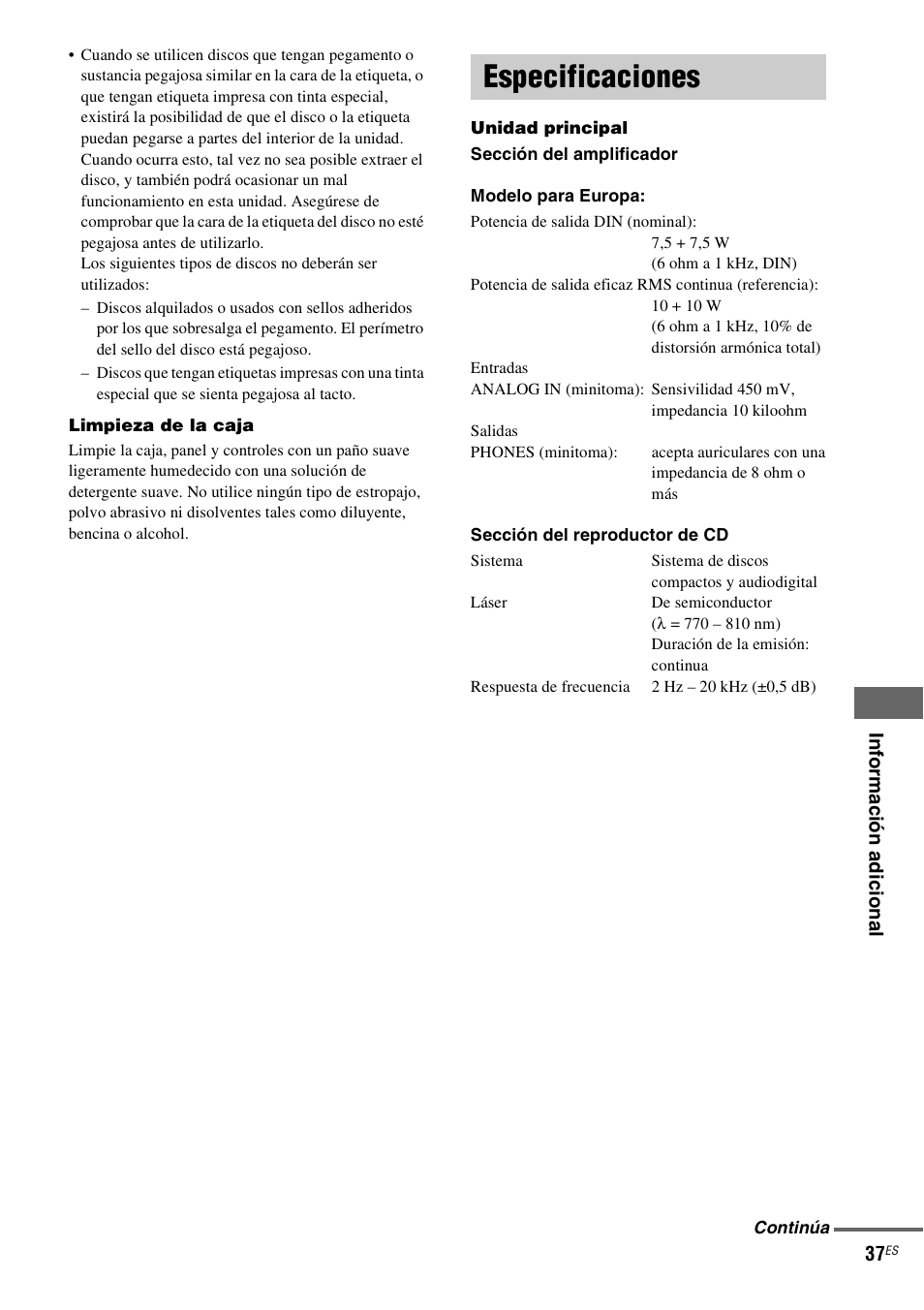 Especificaciones | Sony NAS-CZ1 User Manual | Page 113 / 435