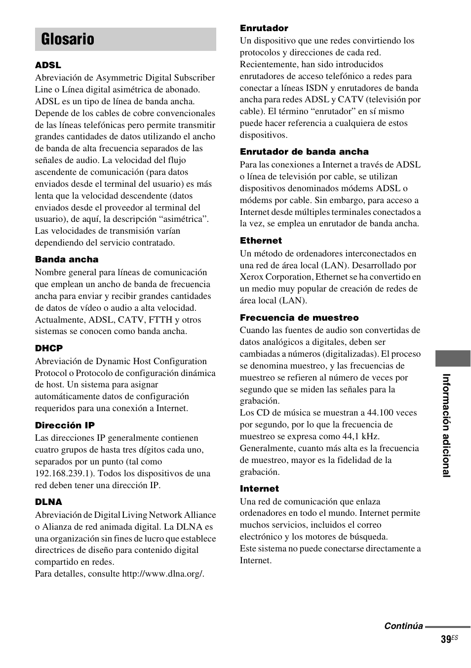 Glosario | Sony NAS-CZ1 User Manual | Page 115 / 435