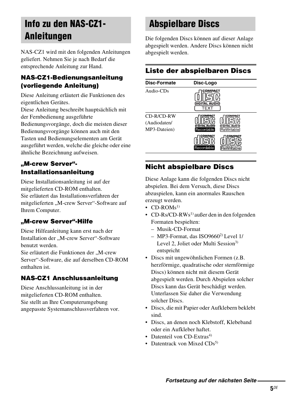 Info zu den nas-cz1- anleitungen, Abspielbare discs, Info zu den nas-cz1-anleitungen abspielbare discs | Info zu den nas-cz1- anleitungen abspielbare discs | Sony NAS-CZ1 User Manual | Page 122 / 435