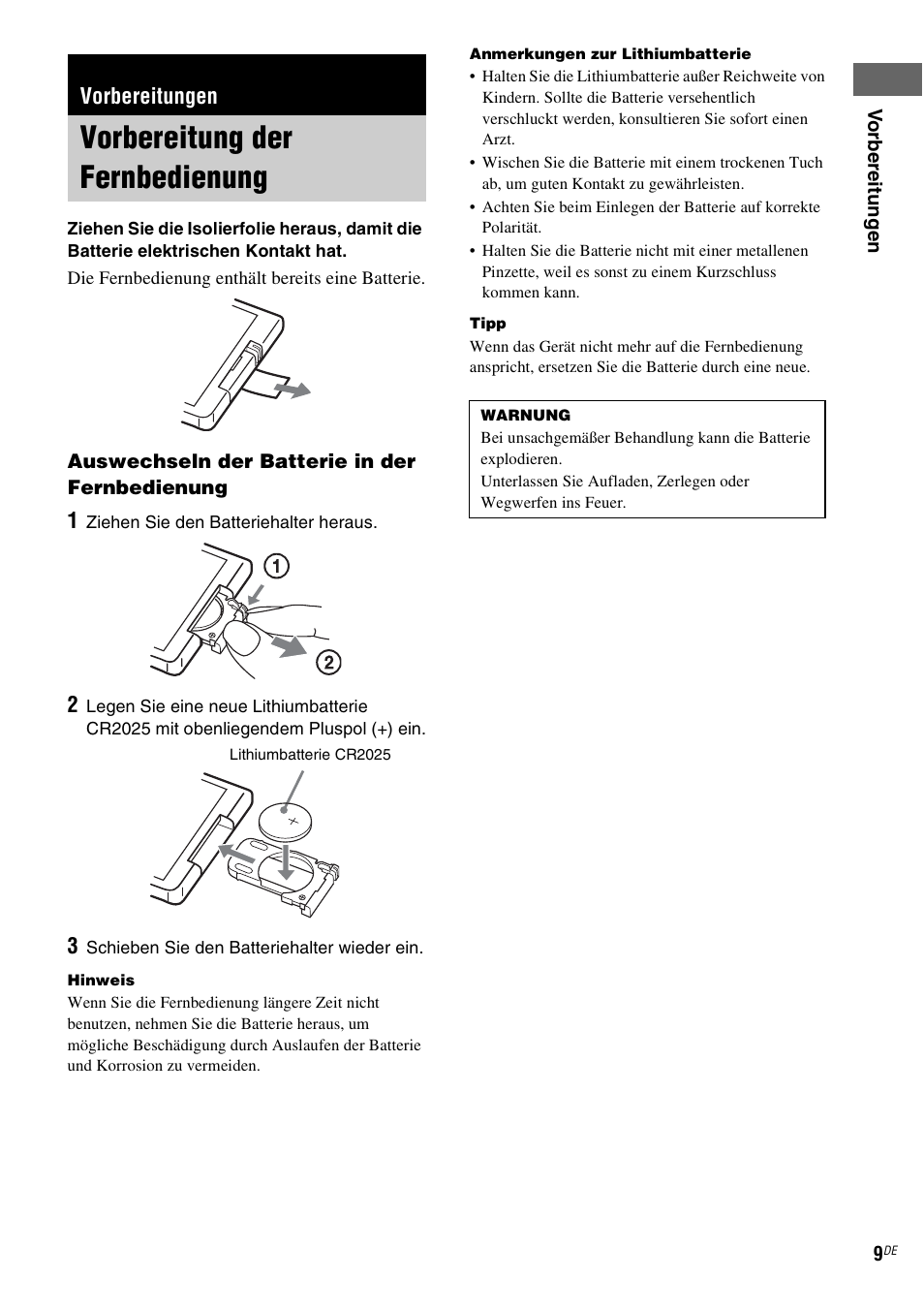 Vorbereitungen, Vorbereitung der fernbedienung | Sony NAS-CZ1 User Manual | Page 126 / 435
