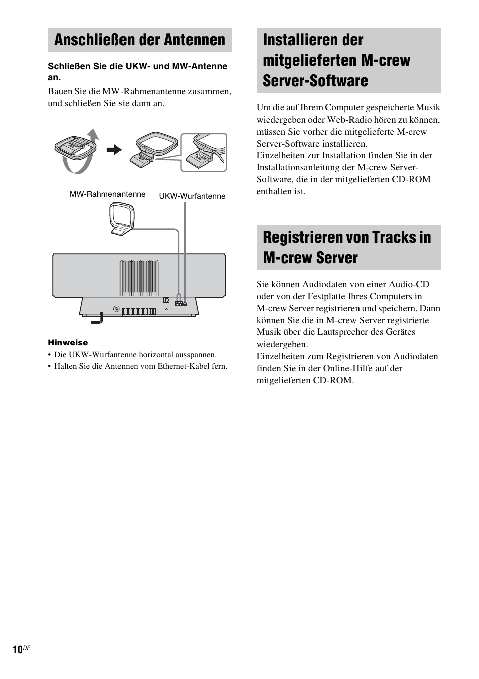 Anschließen der antennen, Registrieren von tracks in m-crew server, Server-software | Registrieren von tracks in, M-crew server | Sony NAS-CZ1 User Manual | Page 127 / 435