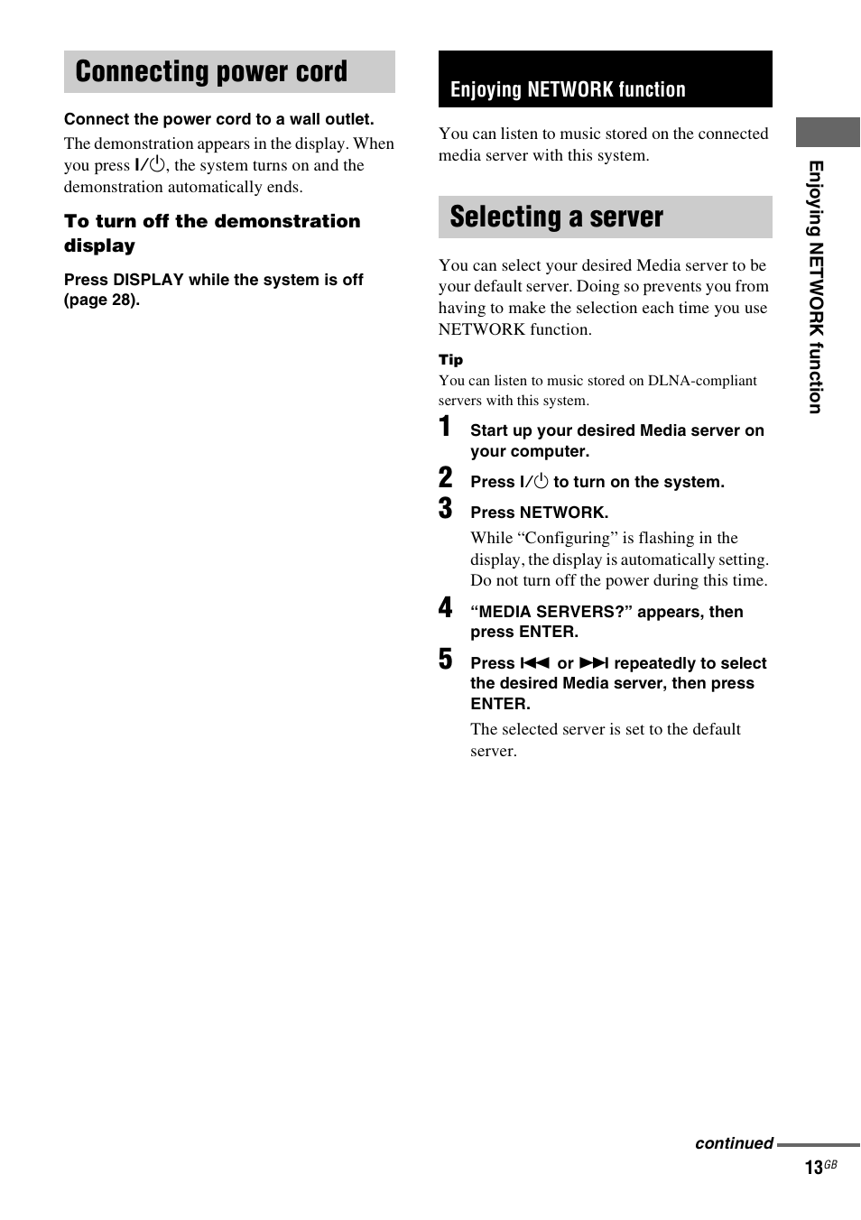 Connecting power cord, Enjoying network function, Selecting a server | Sony NAS-CZ1 User Manual | Page 13 / 435