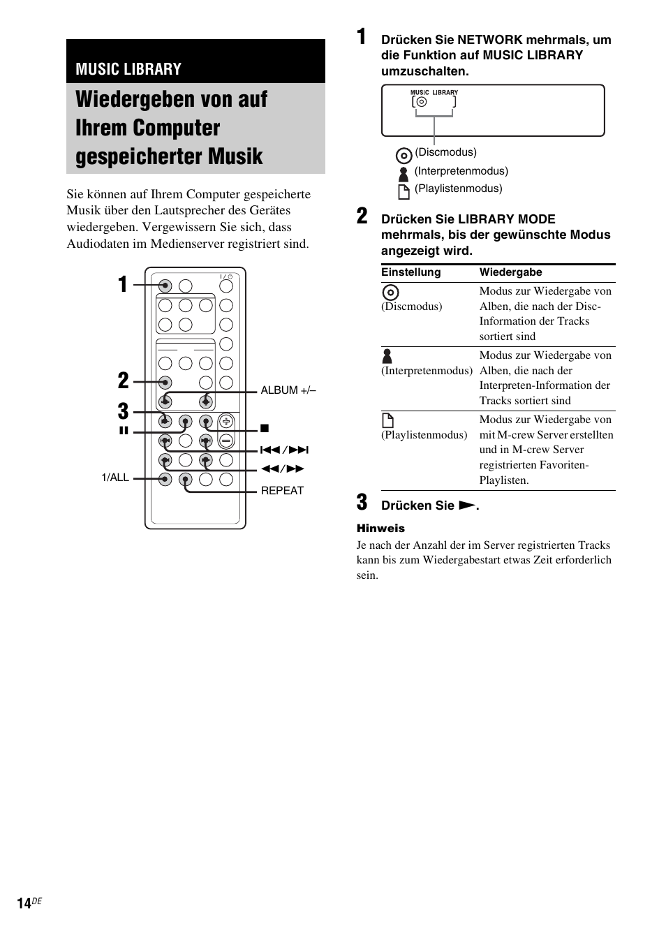 Music library, Wiedergeben von auf ihrem computer, Gespeicherter musik | Sony NAS-CZ1 User Manual | Page 131 / 435