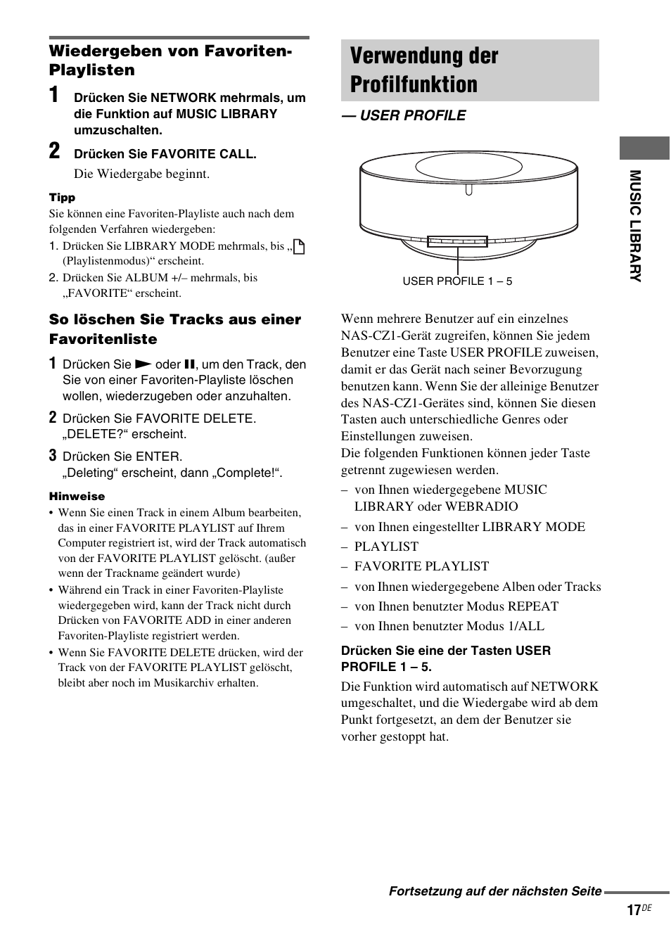 Verwendung der profilfunktion, User profile | Sony NAS-CZ1 User Manual | Page 134 / 435