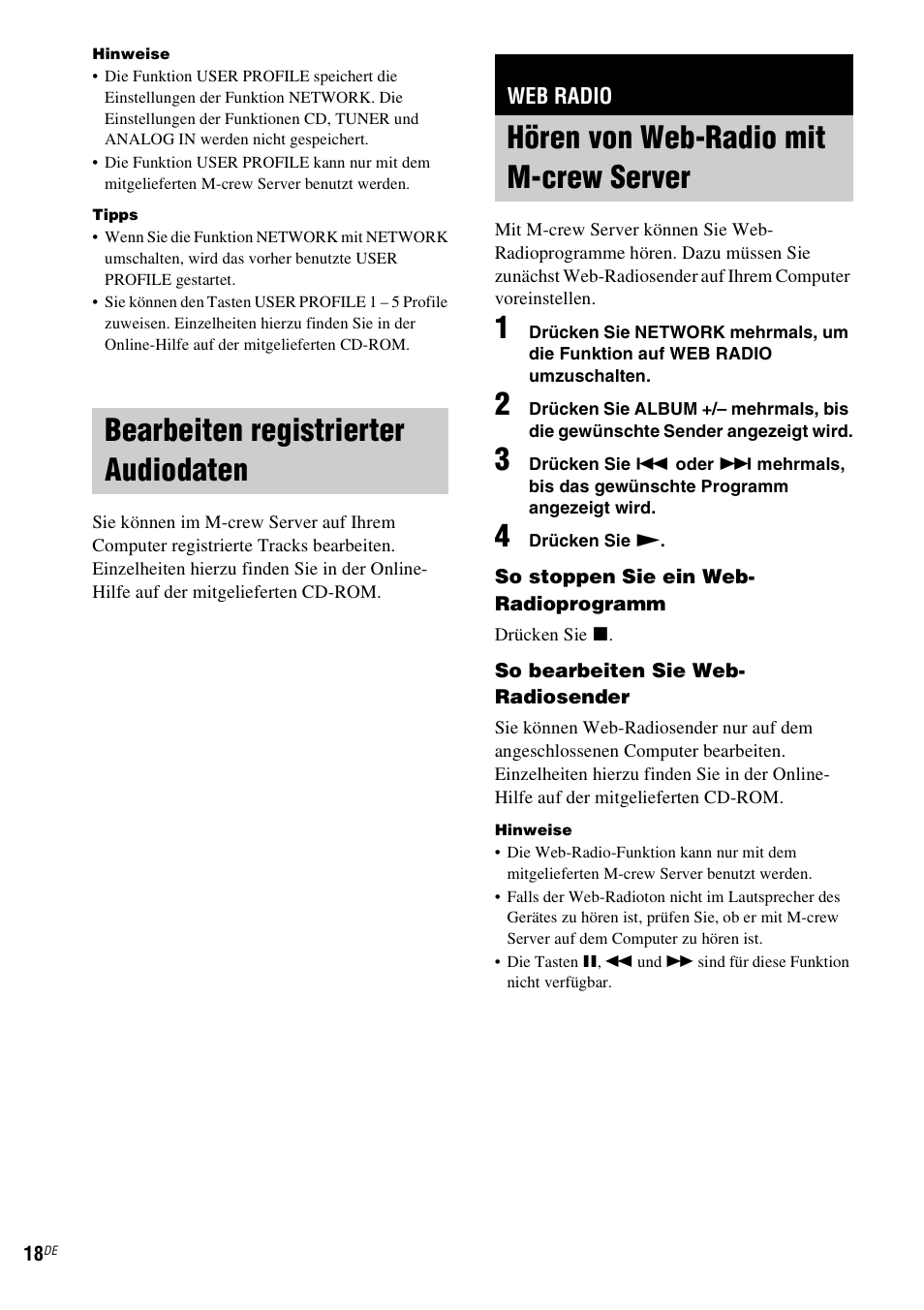 Bearbeiten registrierter audiodaten, Web radio, Hören von web-radio mit m-crew server | Hören von web-radio mit, M-crew server | Sony NAS-CZ1 User Manual | Page 135 / 435