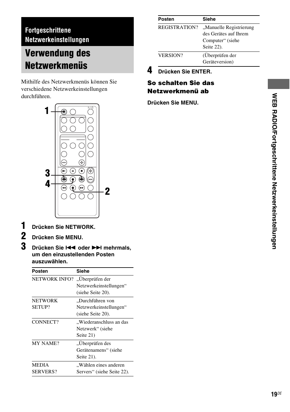 Fortgeschrittene netzwerkeinstellungen, Verwendung des netzwerkmenüs | Sony NAS-CZ1 User Manual | Page 136 / 435