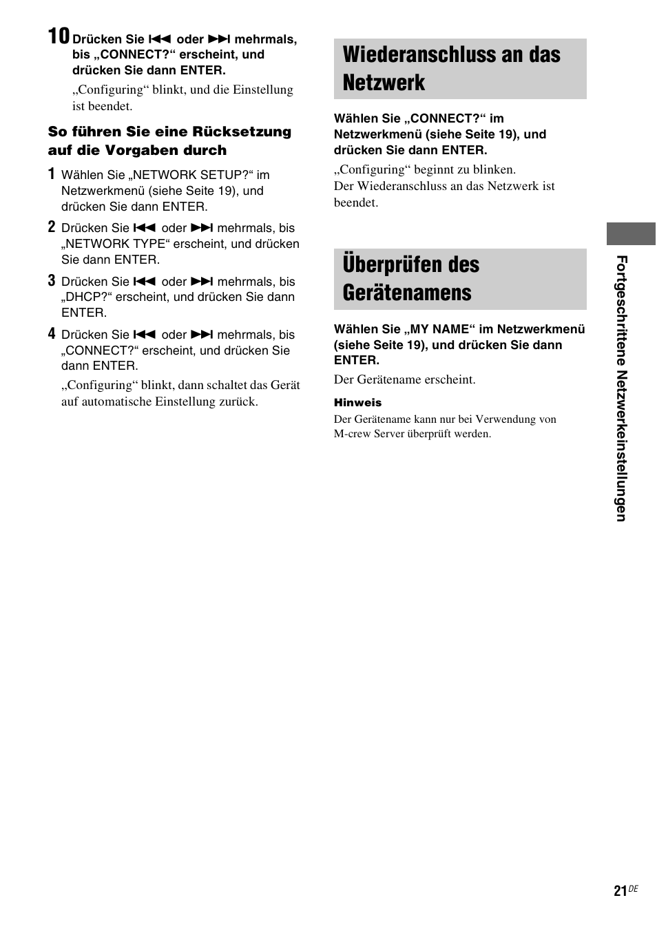 Wiederanschluss an das netzwerk, Überprüfen des gerätenamens, Wiederanschluss an das netzwerk“ (siehe seite 21) | Überprüfen des gerätenamens“ (siehe seite 21) | Sony NAS-CZ1 User Manual | Page 138 / 435